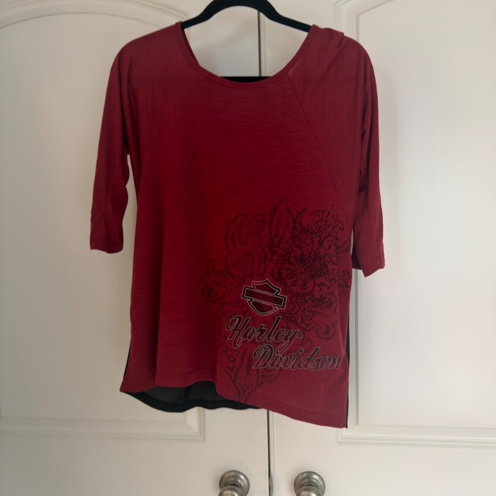 Harley-Davidson Womens Small Red Lace Up Back Snakeskin Graphic 3/4 Sleeve Top